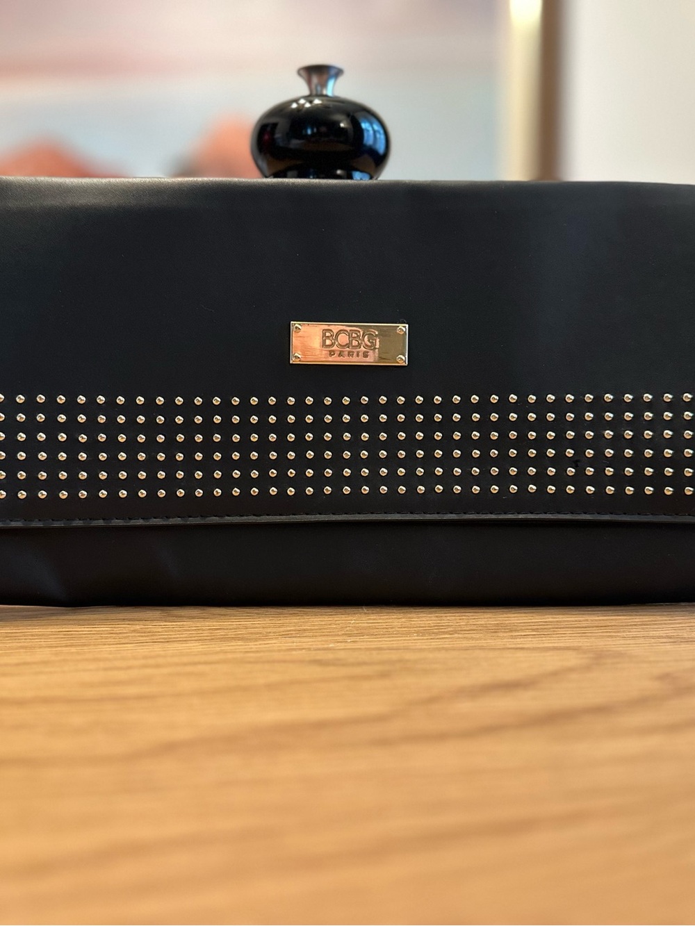 BCBG Black Studded Evening Clutch with Gold Plaque